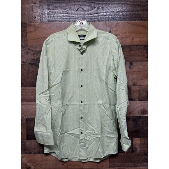 HUGO BOSS Dress Shirt Men's 15.5 Green Blue Check Long Sleeve Slim Fit Button Up - Picture 1 of 4